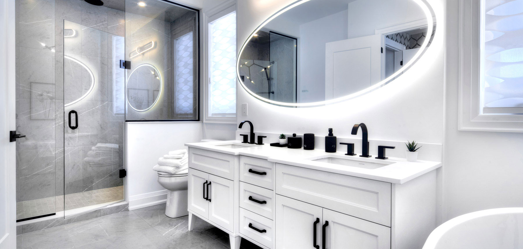 Images of high-end interiors and fixtures, such as flooring, faucet, ensuite, etc
